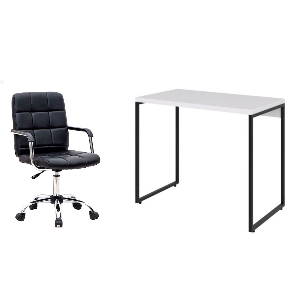 Conjunto de Mesa Studio Branca e Preta com Cadeira de Escritório Secretária Giratória Fitz Preta Conjunto de Mesa Studio Branca e Preta com Cadeira de Escritório Secretária Giratória Fitz Preta