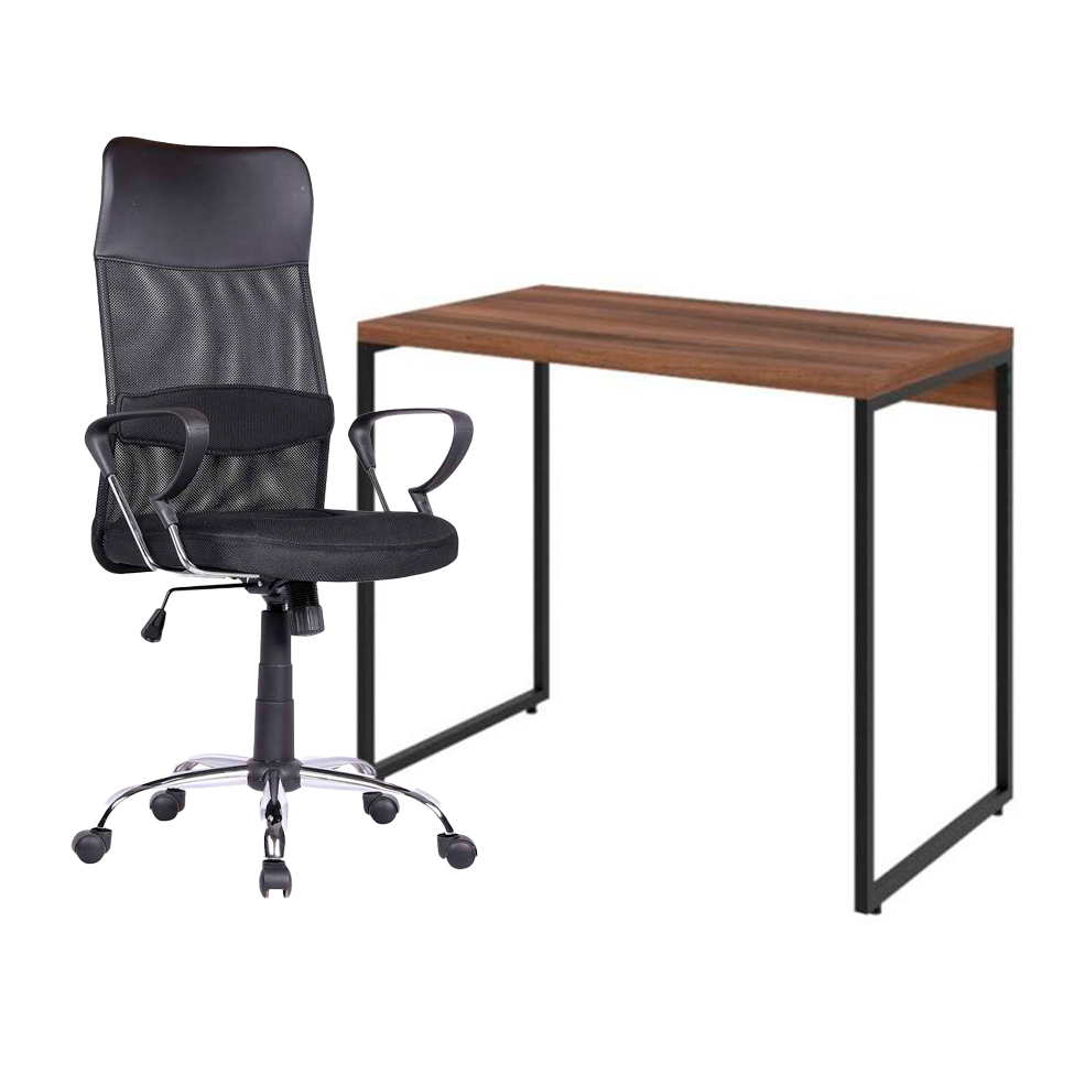 Conjunto de Mesa Studio Nogal com Cadeira de Escritório Diretor Giratória Vancouver Preta Conjunto de Mesa Studio Nogal com Cadeira de Escritório Diretor Giratória Vancouver Preta