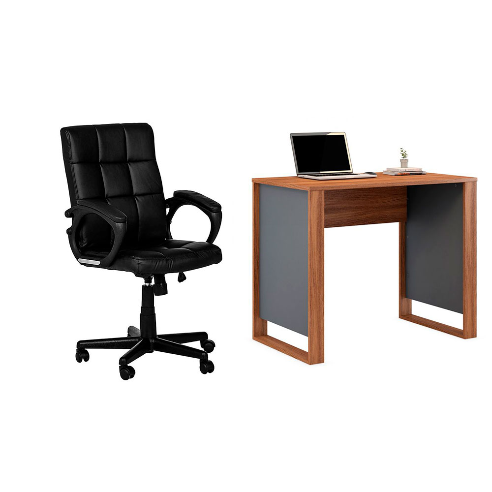 Conjunto de Mesa Morada Amendola e Grafito com Cadeira de Escritório Diretor Giratória Charles Preta Conjunto de Mesa Morada Amendola e Grafito com Cadeira de Escritório Diretor Giratória Charles Preta