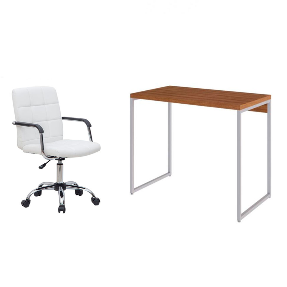 Conjunto de Mesa Studio Mel e Branca com Cadeira de Escritório Secretária Giratória Fitz Branca Conjunto de Mesa Studio Mel e Branca com Cadeira de Escritório Secretária Giratória Fitz Branca