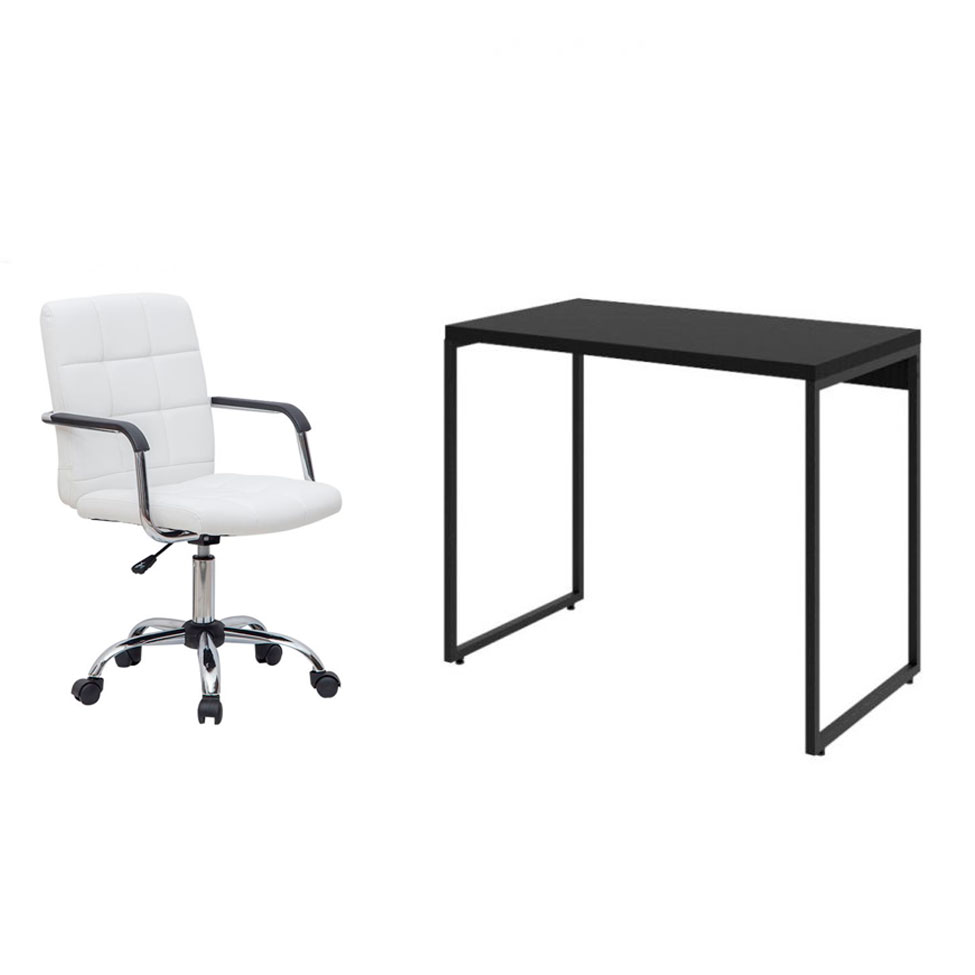 Conjunto de Mesa Studio Preta com Cadeira de Escritório Secretária Giratória Fitz Branca Conjunto de Mesa Studio Preta com Cadeira de Escritório Secretária Giratória Fitz Branca