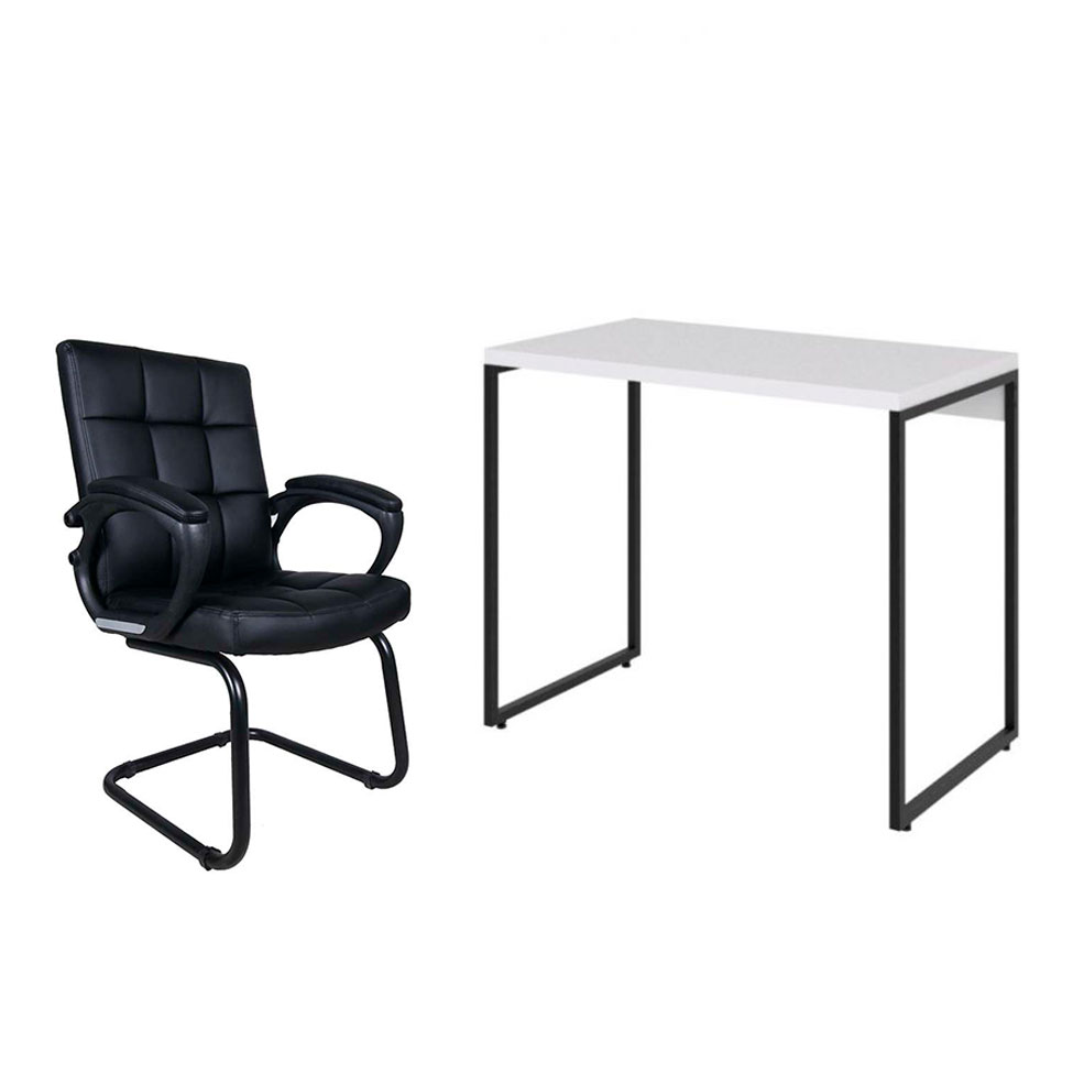 Conjunto de Mesa Studio Branca e Preta com Cadeira de Escritório Interlocutor Fixa Charles Preta Conjunto de Mesa Studio Branca e Preta com Cadeira de Escritório Interlocutor Fixa Charles Preta