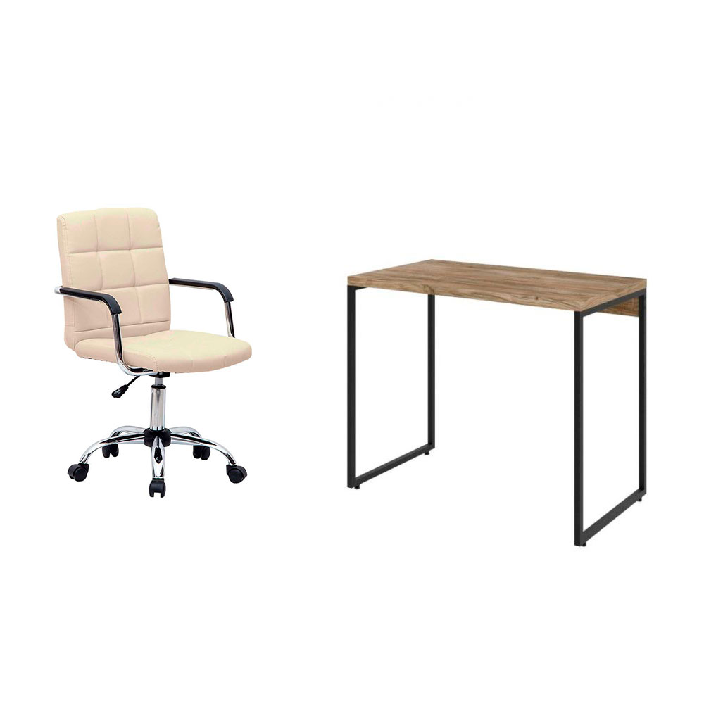 Conjunto de Mesa Studio Carvalho com Cadeira de Escritório Secretária Giratória Fitz Bege Conjunto de Mesa Studio Carvalho com Cadeira de Escritório Secretária Giratória Fitz Bege