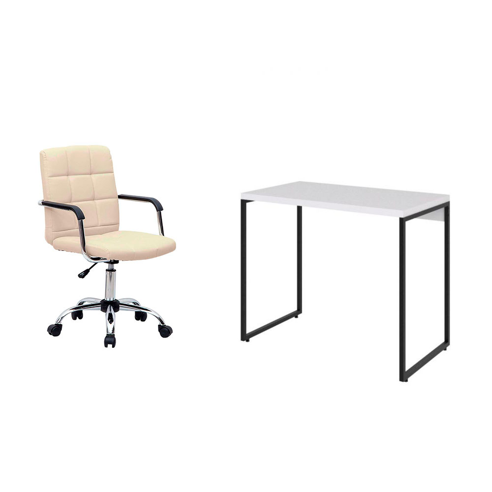 Conjunto de Mesa Studio Branca e Preta com Cadeira de Escritório Secretária Giratória Fitz Bege Conjunto de Mesa Studio Branca e Preta com Cadeira de Escritório Secretária Giratória Fitz Bege