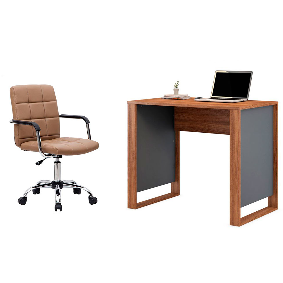 Conjunto de Mesa Morada Amendola e Grafito com Cadeira de Escritório Secretária Giratória Fitz Marrom Conjunto de Mesa Morada Amendola e Grafito com Cadeira de Escritório Secretária Giratória Fitz Marrom