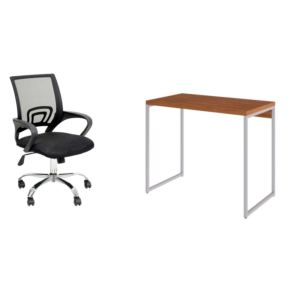 Conjunto de Mesa Studio Mel e Branca com Cadeira de Escritório Secretária Giratória New Java Preta Conjunto de Mesa Studio Mel e Branca com Cadeira de Escritório Secretária Giratória New Java Preta