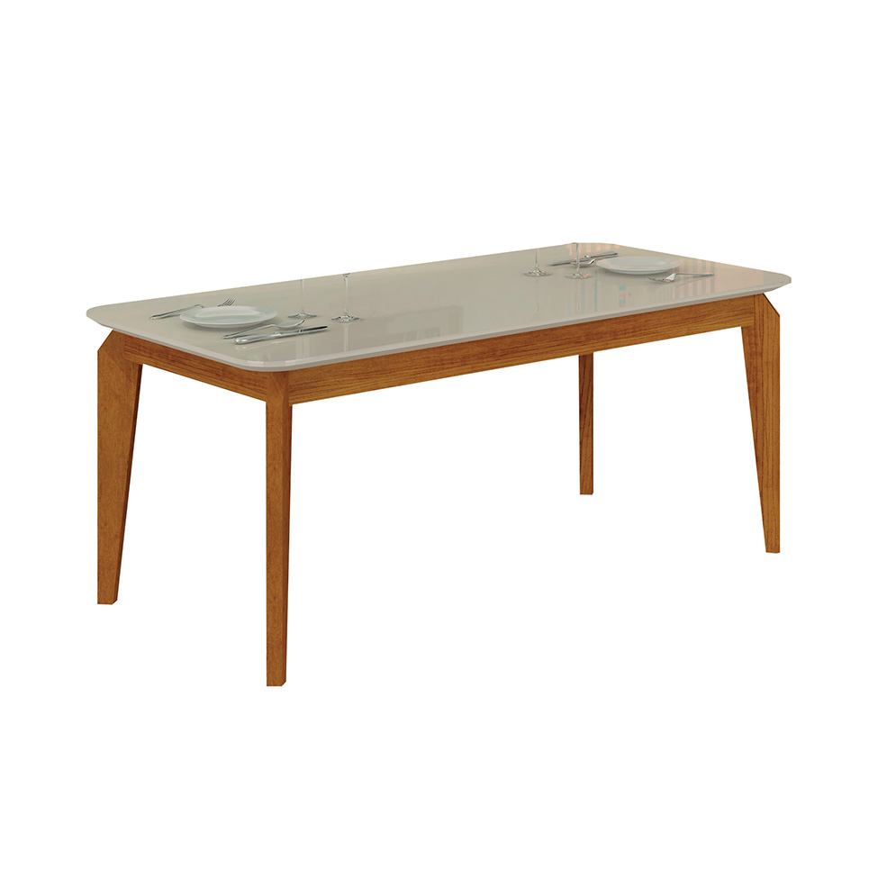 Mesa de Jantar Retangular com Tampo de Vidro Brenda Off White e Freijó 180 cm Mesa de Jantar Retangular com Tampo de Vidro Brenda Off White e Freijó 180 cm