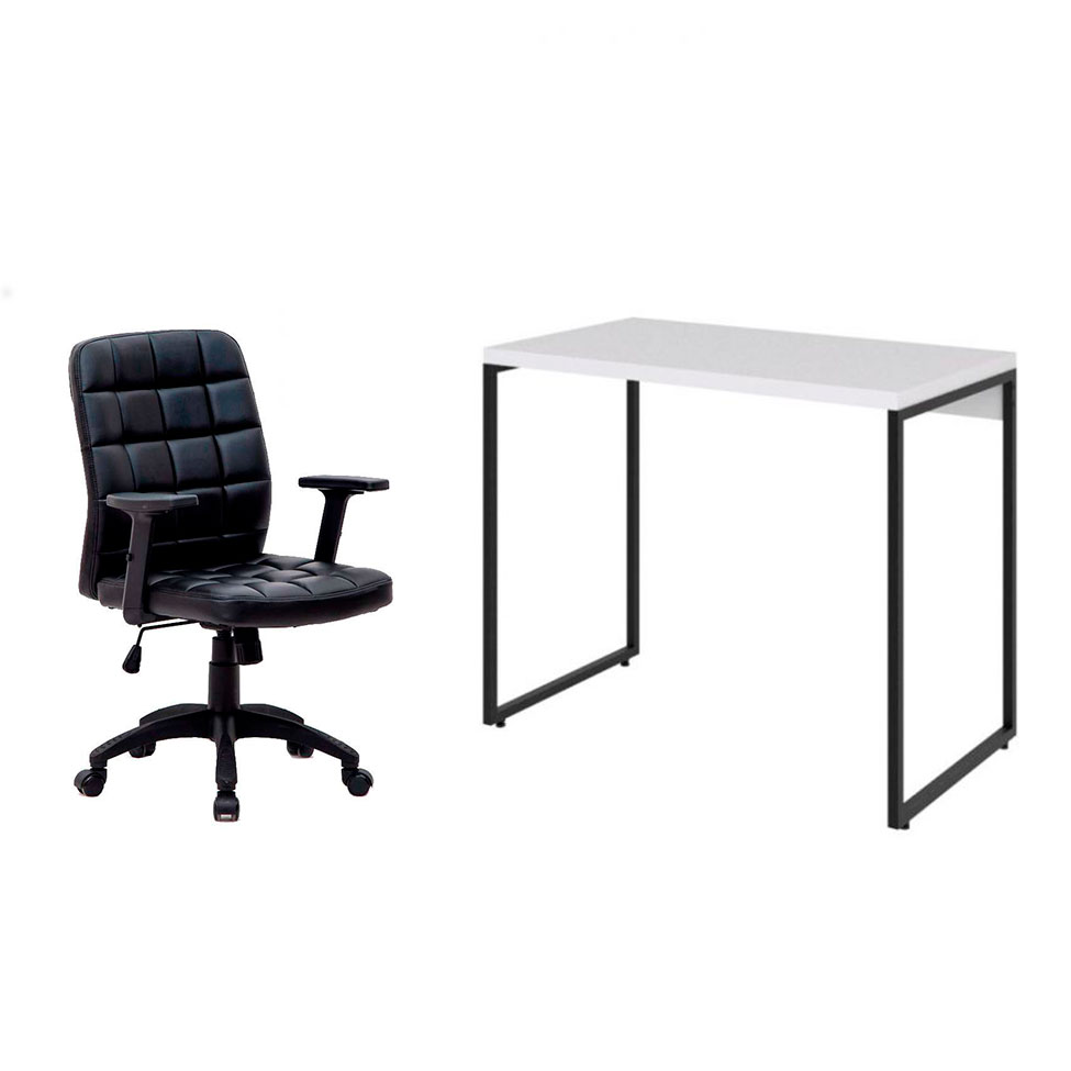 Conjunto de Mesa Studio Branca e Preta com Cadeira de Escritório Diretor Giratória Fitz com Braços Ajustáveis Preta Conjunto de Mesa Studio Branca e Preta com Cadeira de Escritório Diretor Giratória Fitz com Braços Ajustáveis Preta