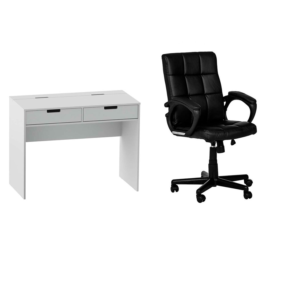 Conjunto de Mesa New Branca com Cadeira de Escritório Diretor Giratória Charles Preta Conjunto de Mesa New Branca com Cadeira de Escritório Diretor Giratória Charles Preta