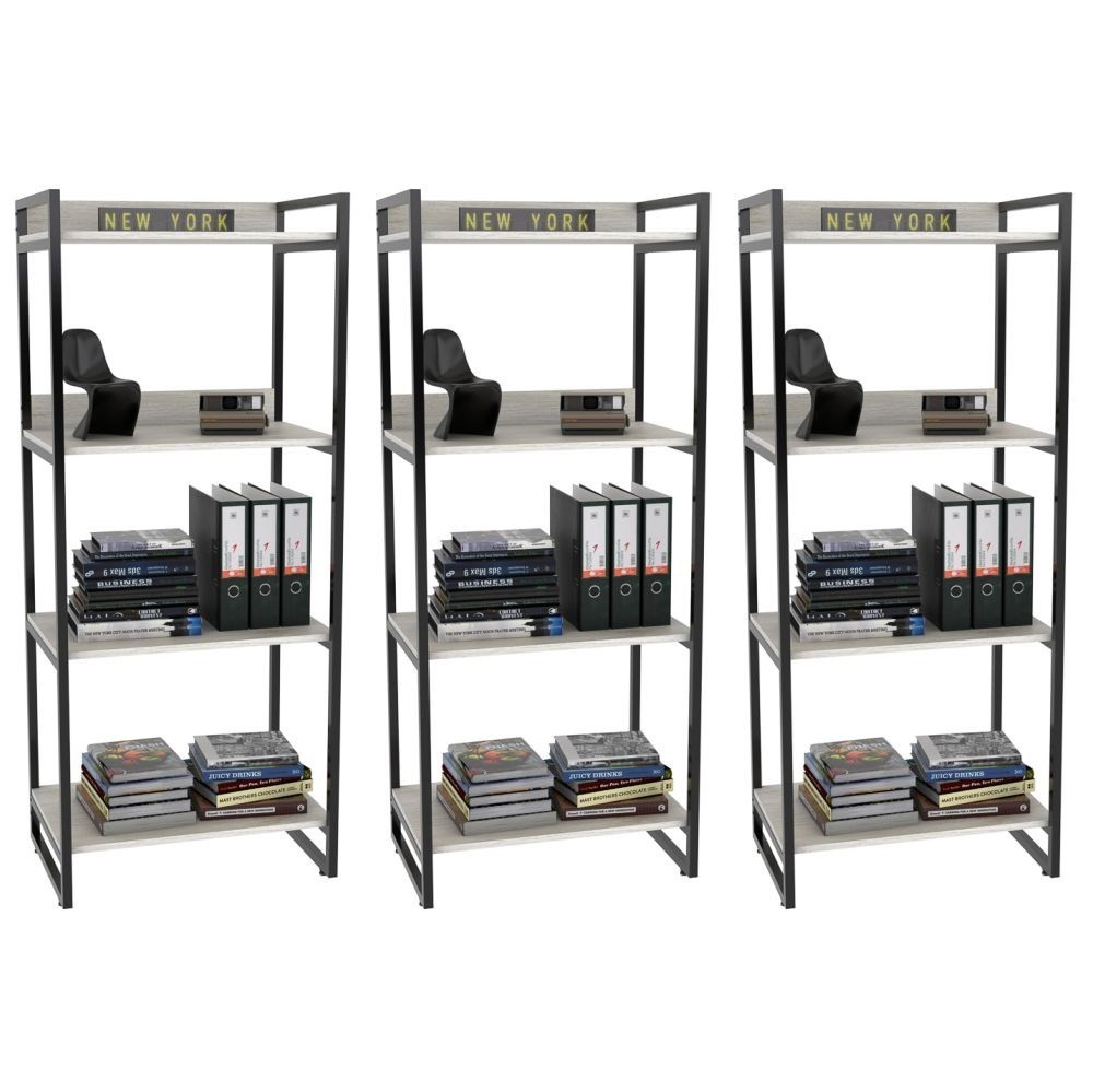 Kit 3 Estante Livreiro Multiuso Prisma Estilo Industrial 60cm 4 Prateleiras C08 Snow - Mpozenato Kit 3 Estante Livreiro Multiuso Prisma Estilo Industrial 60cm 4 Prateleiras C08 Snow - Mpozenato