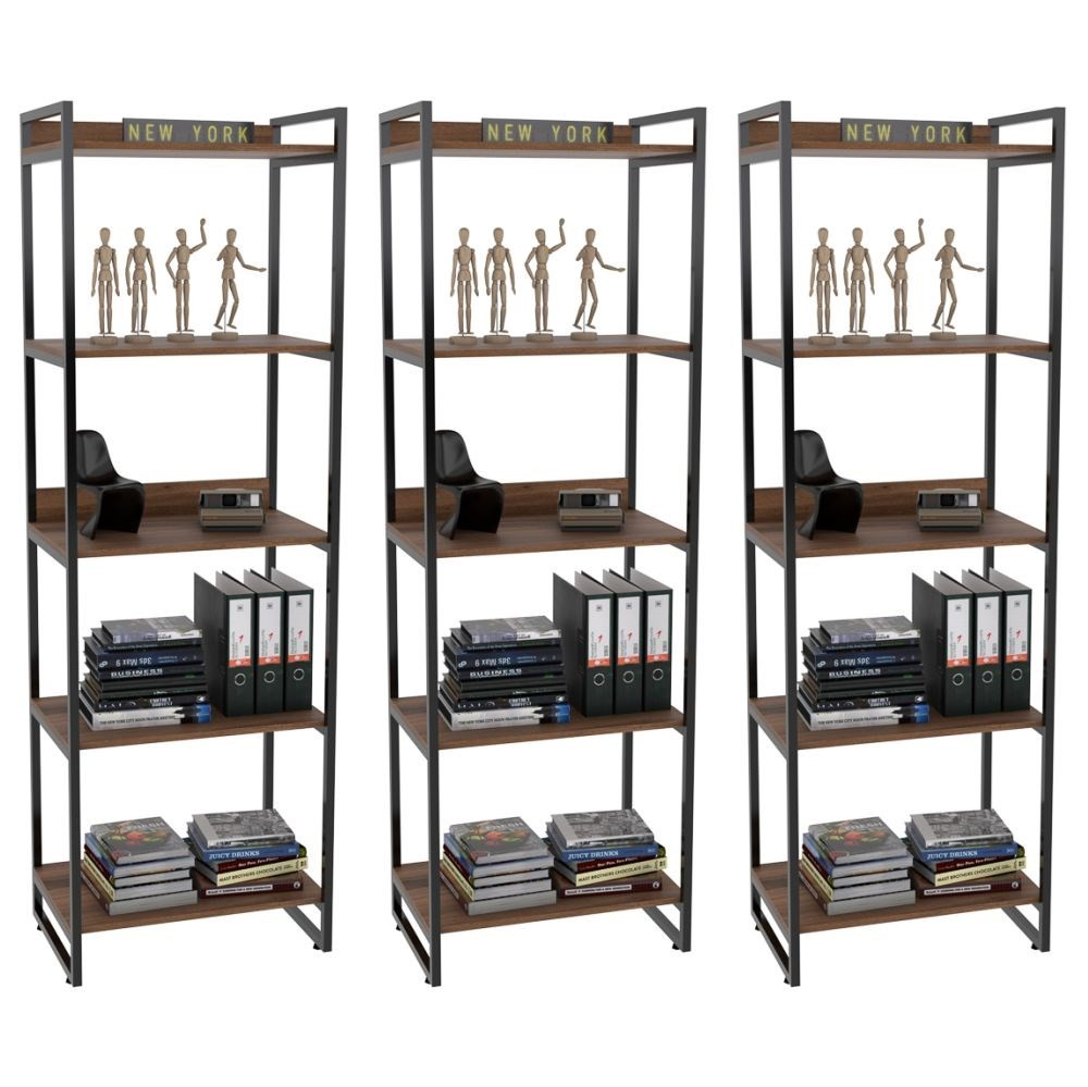 Kit 3 Estantes Livreiro Multiuso Prisma Estilo Industrial 60cm 5 Prateleiras C08 Nogal - Mpozenato