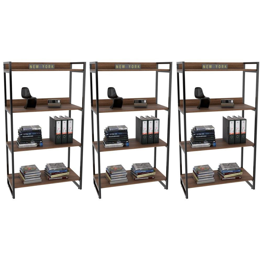 Kit 3 Estantes Livreiro Multiuso Prisma Estilo Industrial 80cm 4 Prateleiras C08 Nogal - Mpozenato Kit 3 Estantes Livreiro Multiuso Prisma Estilo Industrial 80cm 4 Prateleiras C08 Nogal - Mpozenato