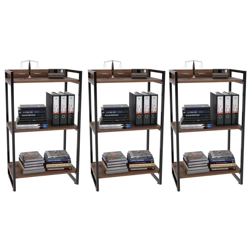 Kit 3 Estantes Livreiro Multiuso Prisma Estilo Industrial 60cm 3 Prateleiras C08 Nogal - Mpozenato