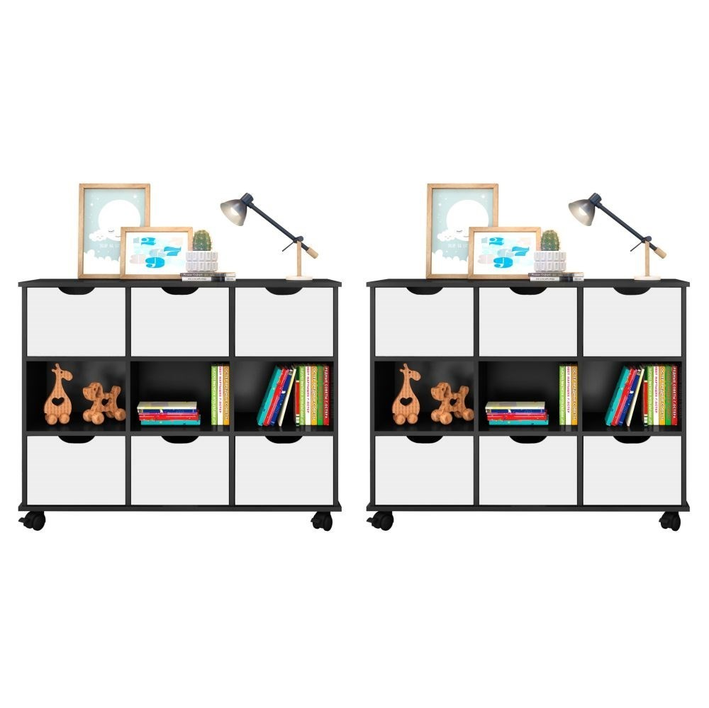 Kit 2 Nichos Organizadores com Rodízios Toys Q01 6 Gavetas Preto/Branco - Mpozenato