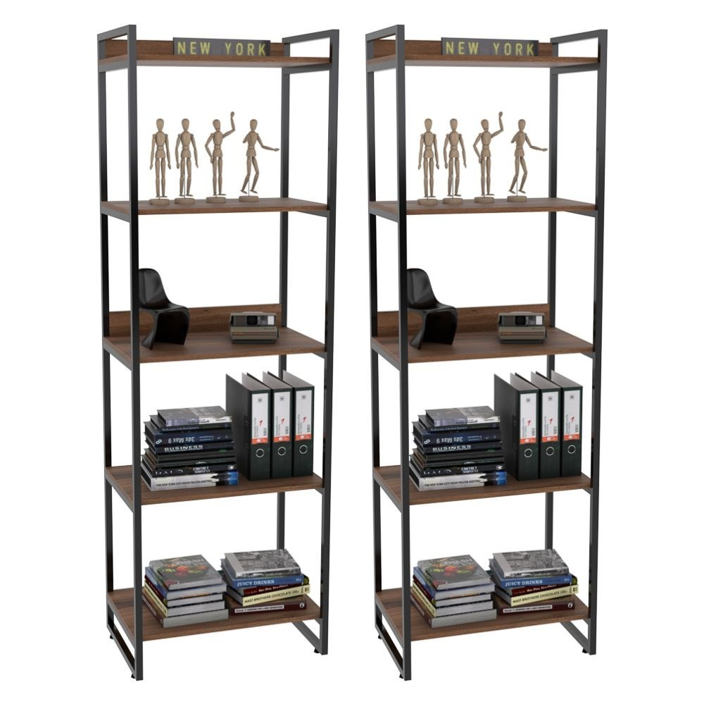 Kit 2 Estantes Livreiro Multiuso Prisma Estilo Industrial 60cm 5 Prateleiras C08 Nogal - Mpozenato Kit 2 Estantes Livreiro Multiuso Prisma Estilo Industrial 60cm 5 Prateleiras C08 Nogal - Mpozenato