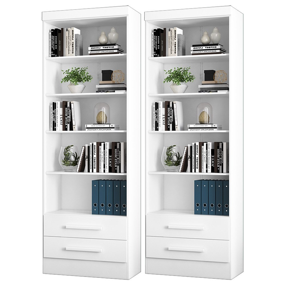 Kit 2 Estantes Livreiro Multiuso 2 Gavetas e 5 Prateleiras Fancy Q01 Branco - Mpozenato Kit 2 Estantes Livreiro Multiuso 2 Gavetas e 5 Prateleiras Fancy Q01 Branco - Mpozenato