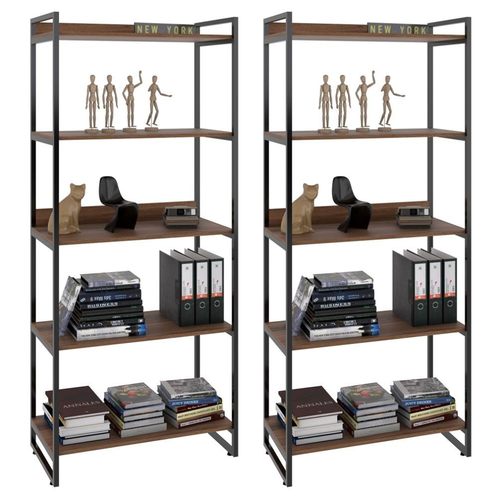 Kit 2 Estantes Livreiro Multiuso Prisma Estilo Industrial 80cm 5 Prateleiras C08 Nogal - Mpozenato Kit 2 Estantes Livreiro Multiuso Prisma Estilo Industrial 80cm 5 Prateleiras C08 Nogal - Mpozenato