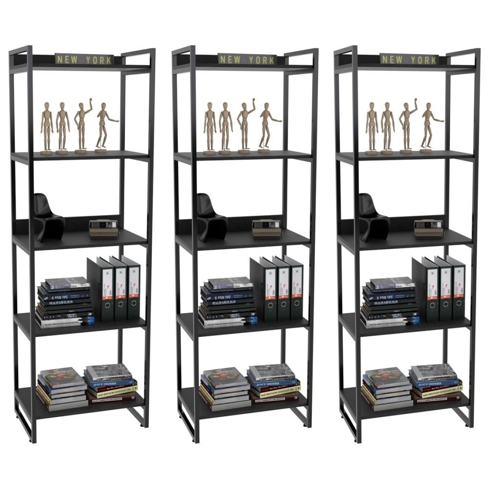 Kit 3 Estantes Livreiro Multiuso Prisma Estilo Industrial 60cm 5 Prateleiras C08 Preto Onix - Mpozenato
