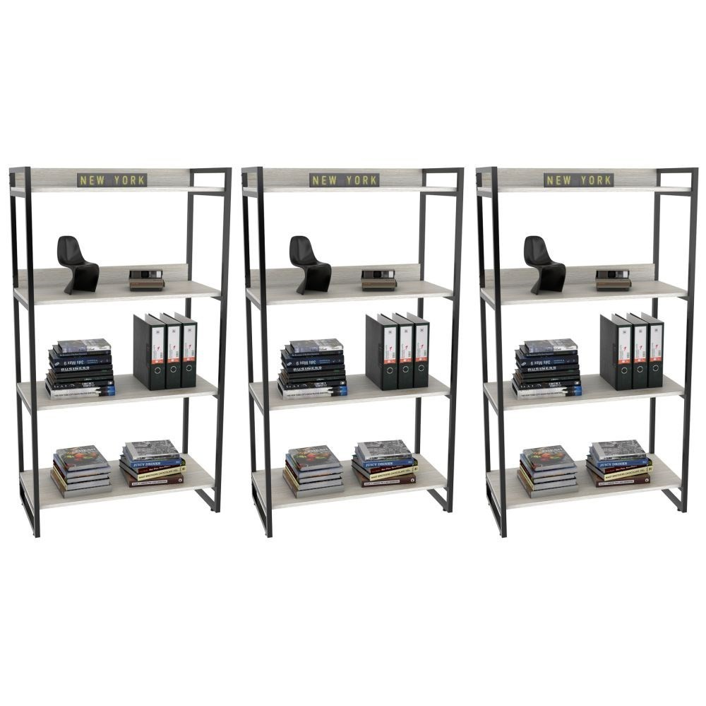 Kit 3 Estantes Livreiro Multiuso Prisma Estilo Industrial 80cm 4 Prateleiras C08 Snow - Mpozenato Kit 3 Estantes Livreiro Multiuso Prisma Estilo Industrial 80cm 4 Prateleiras C08 Snow - Mpozenato