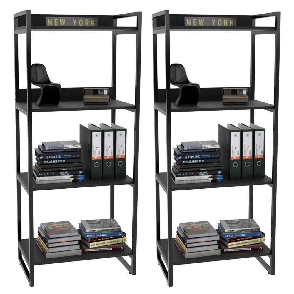 Kit 2 Estante Livreiro Multiuso Prisma Estilo Industrial 60cm 4 Prateleiras C08 Preto Onix - Mpozenato