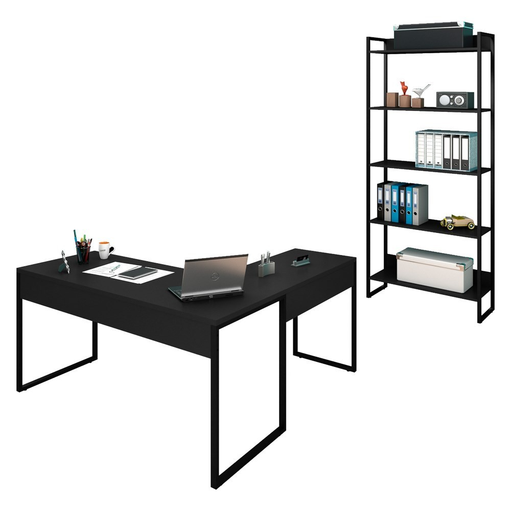 Mesa em L e Estante para Escritório Studio Industrial M18 Preto - Mpozenato Mesa em L e Estante para Escritório Studio Industrial M18 Preto - Mpozenato