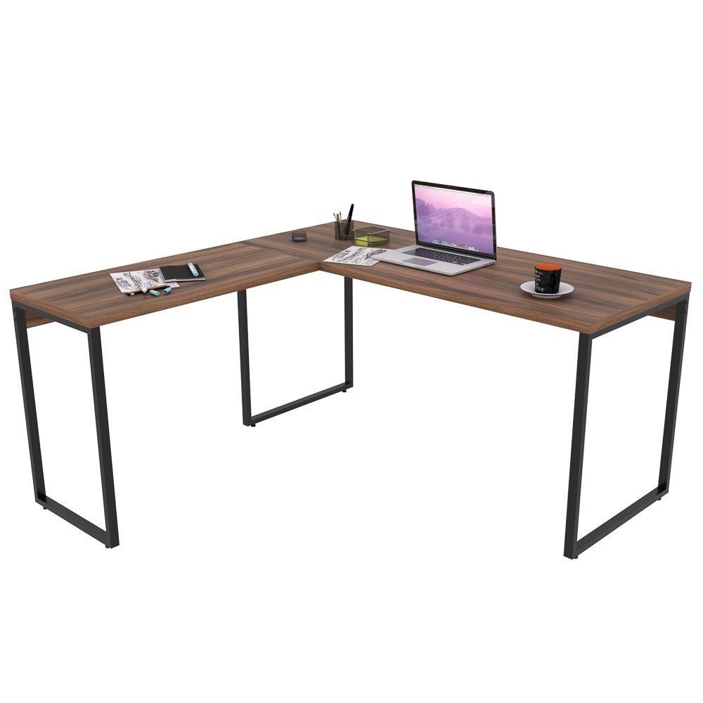 Mesa de Escritório Office em L 150x150cm Estilo Industrial Prisma C08 Nogal - Mpozenato Mesa de Escritório Office em L 150x150cm Estilo Industrial Prisma C08 Nogal - Mpozenato