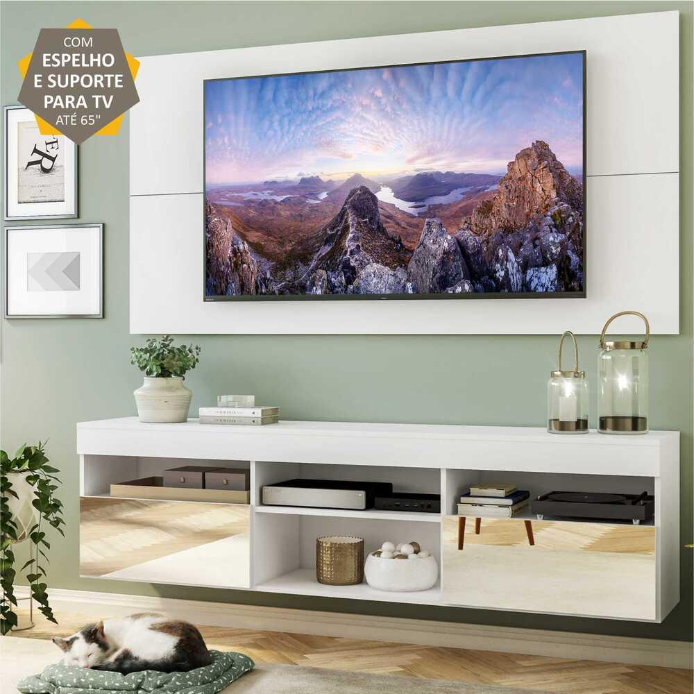 Rack Suspenso com Espelho, Painel e Suporte TV 65" com 2 Portas Londres Multimóveis Branco Rack Suspenso com Espelho, Painel e Suporte TV 65" com 2 Portas Londres Multimóveis Branco