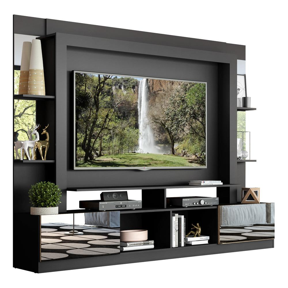 Estante com Espelho e Suporte para TV até 65" Multimóveis Oslo FG3381 Preta/Madeirada Estante com Espelho e Suporte para TV até 65" Multimóveis Oslo FG3381 Preta/Madeirada