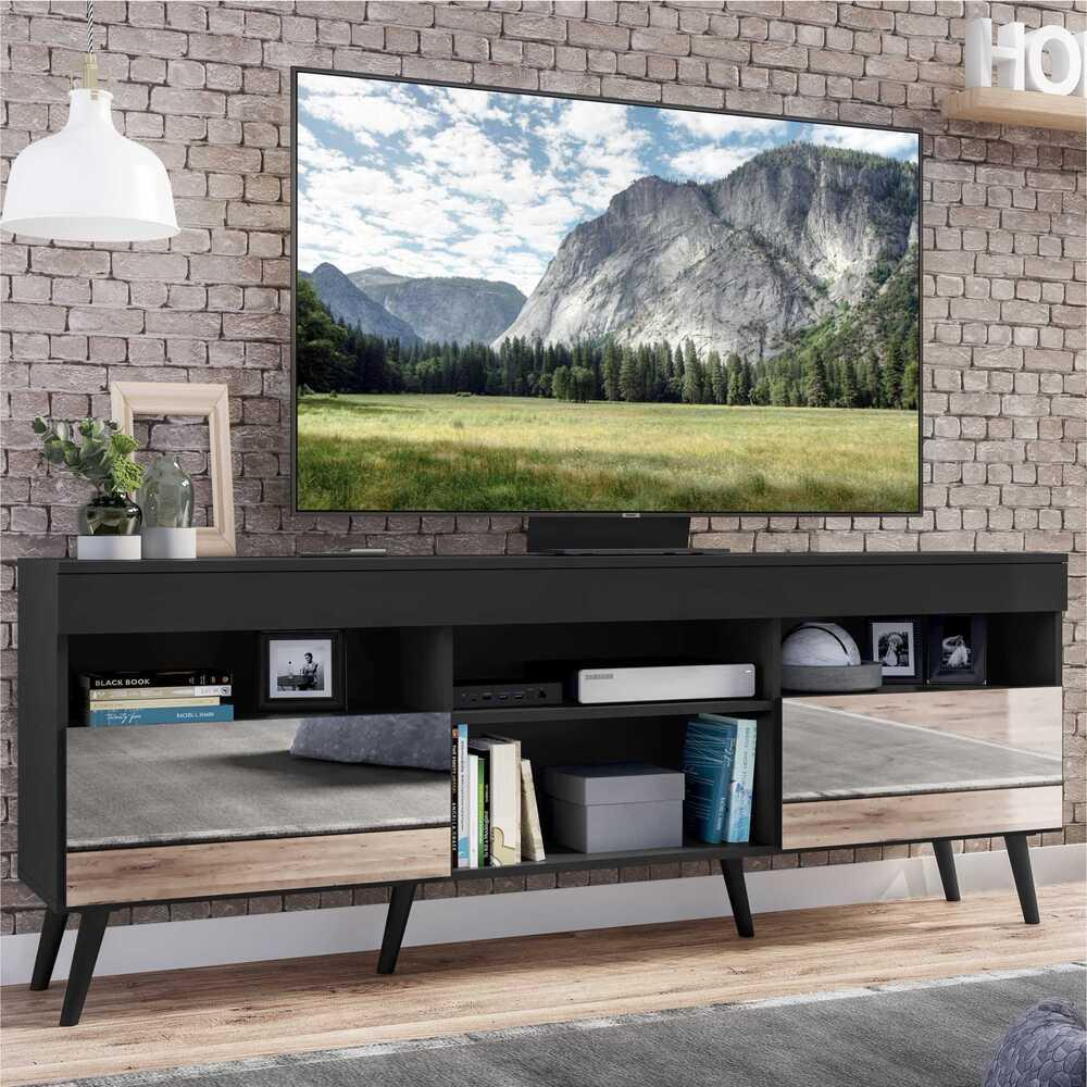 Rack TV 65" com Espelho, Pés Retrô e 2 Portas Paris Multimóveis Preto Rack TV 65" com Espelho, Pés Retrô e 2 Portas Paris Multimóveis Preto