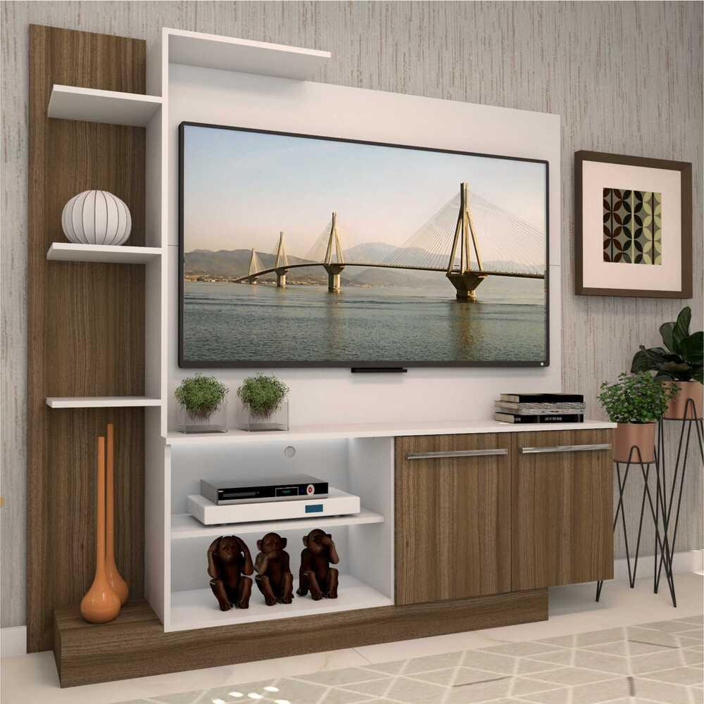 Estante com painel para TV até 55 polegadas e 2 portas Porto Multimóveis Branco/Madeirado Estante com painel para TV até 55 polegadas e 2 portas Porto Multimóveis Branco/Madeirado