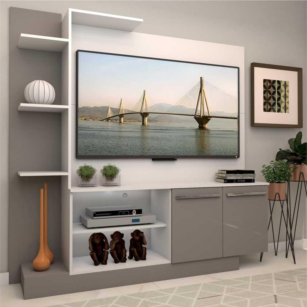 Estante com painel para TV até 55 polegadas e 2 portas Porto Multimóveis Branco/Lacca Fumê Estante com painel para TV até 55 polegadas e 2 portas Porto Multimóveis Branco/Lacca Fumê