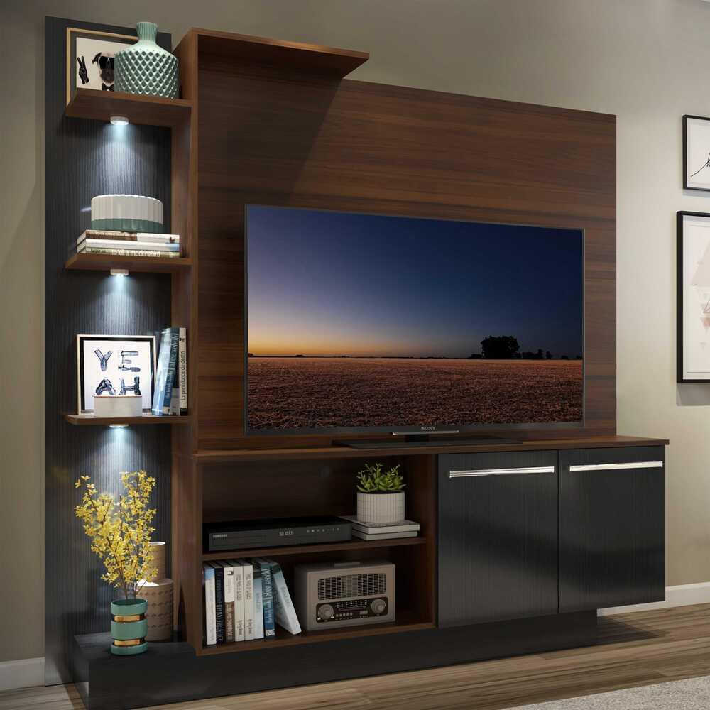 Estante com 3 Leds Painel TV 55" e 2 portas Dallas Multimóveis Madeirado/Preto Estante com 3 Leds Painel TV 55" e 2 portas Dallas Multimóveis Madeirado/Preto