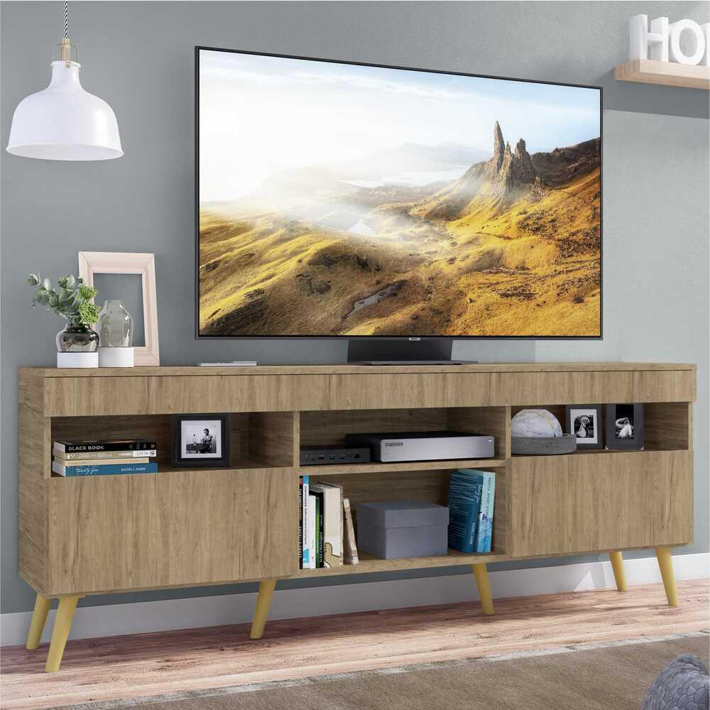 Rack TV 65" com Pés Retrô e 2 Portas Paris Multimóveis Rustic/Natural Rack TV 65" com Pés Retrô e 2 Portas Paris Multimóveis Rustic/Natural