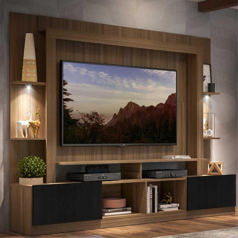 Rack Estante TV 65" com Leds Berlim Multimóveis Madeirado/Preto Rack Estante TV 65" com Leds Berlim Multimóveis Madeirado/Preto