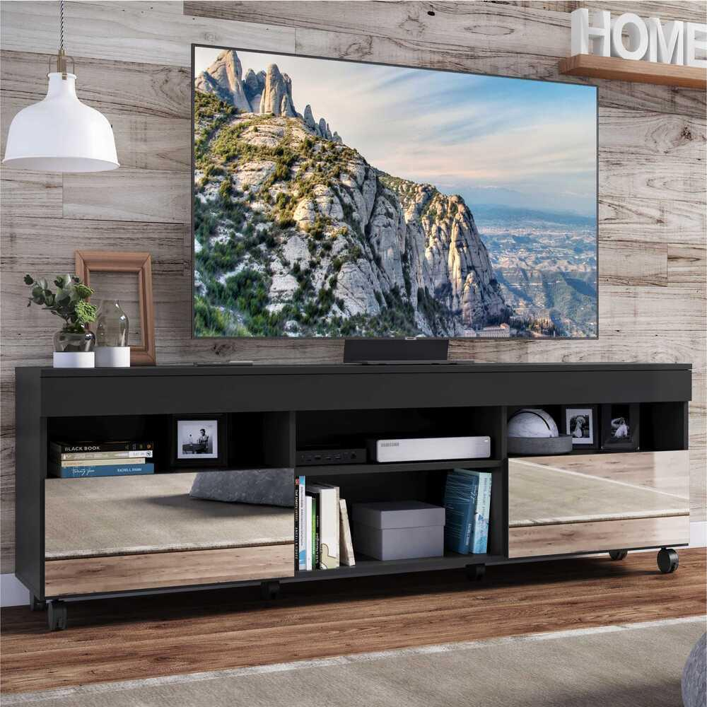 Rack TV 65" com Espelho, Rodízios e 2 Portas Paris Multimóveis Preto Rack TV 65" com Espelho, Rodízios e 2 Portas Paris Multimóveis Preto