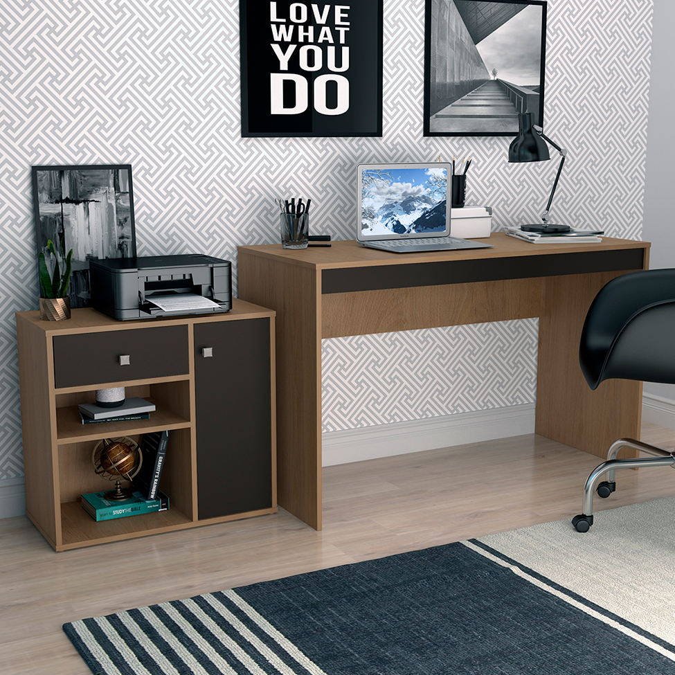 Conjunto de Mesa para Notebook Hype com Armário Ravena 1 PT 1 GV Mel e Preto
