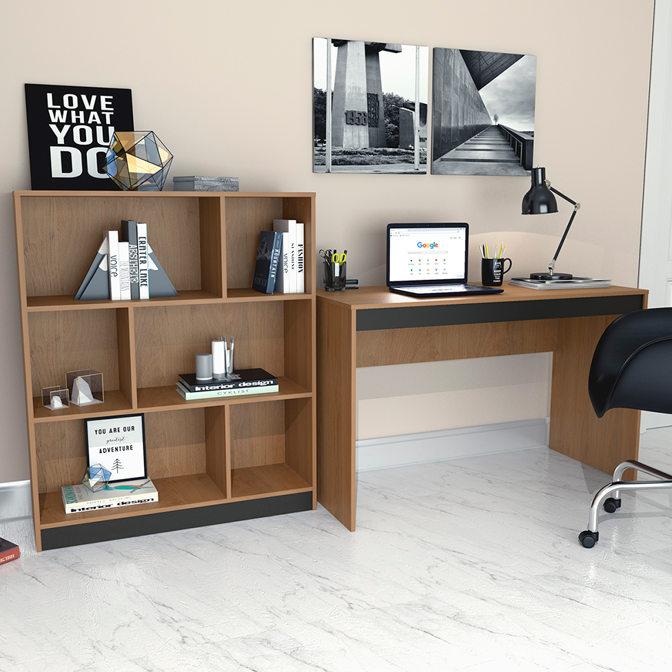 Conjunto de Mesa para Notebook Hype com Estante de Escritório Darci Preto e Mel Conjunto de Mesa para Notebook Hype com Estante de Escritório Darci Preto e Mel