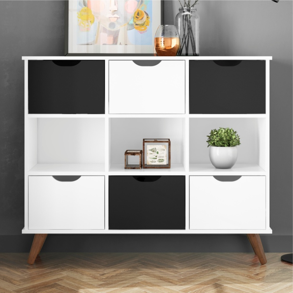 Estante Nicho Vintage Sabina Branco com Gavetas Brancas e Pretas Estante Nicho Vintage Sabina Branco com Gavetas Brancas e Pretas