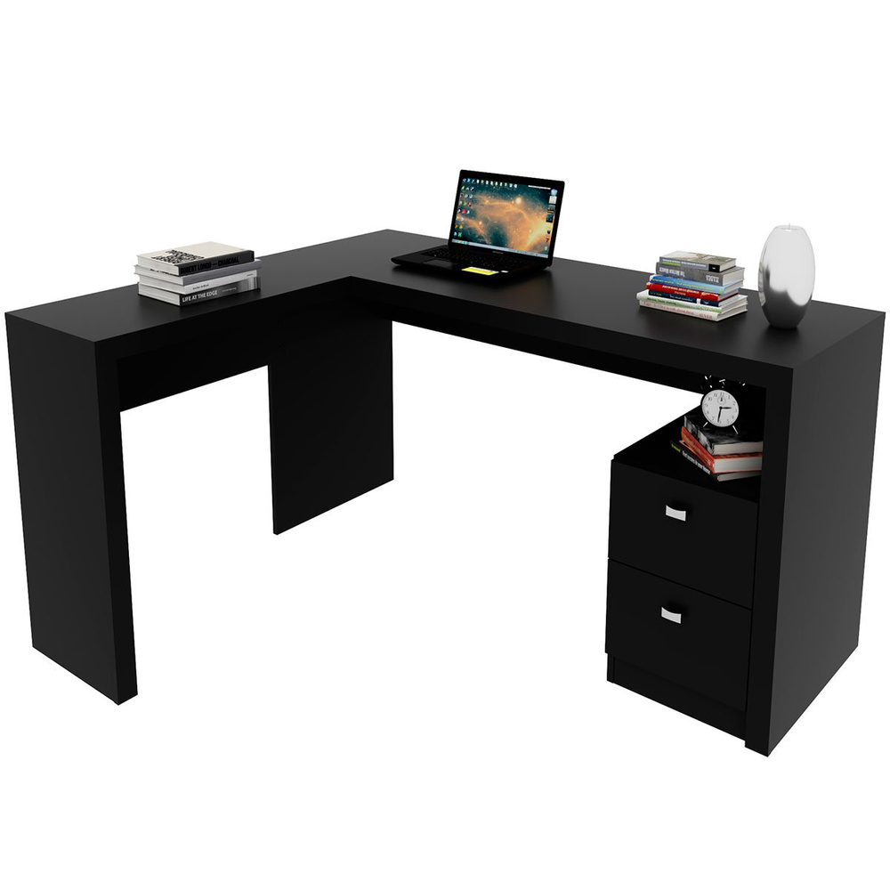 Mesa de Canto para Escritório em L Angular com 2 Gavetas Preto Mesa de Canto para Escritório em L Angular com 2 Gavetas Preto