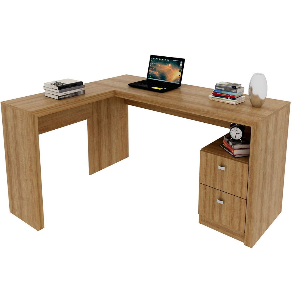 Mesa de Canto para Escritório em L Angular com 2 Gavetas Amêndoa Mesa de Canto para Escritório em L Angular com 2 Gavetas Amêndoa