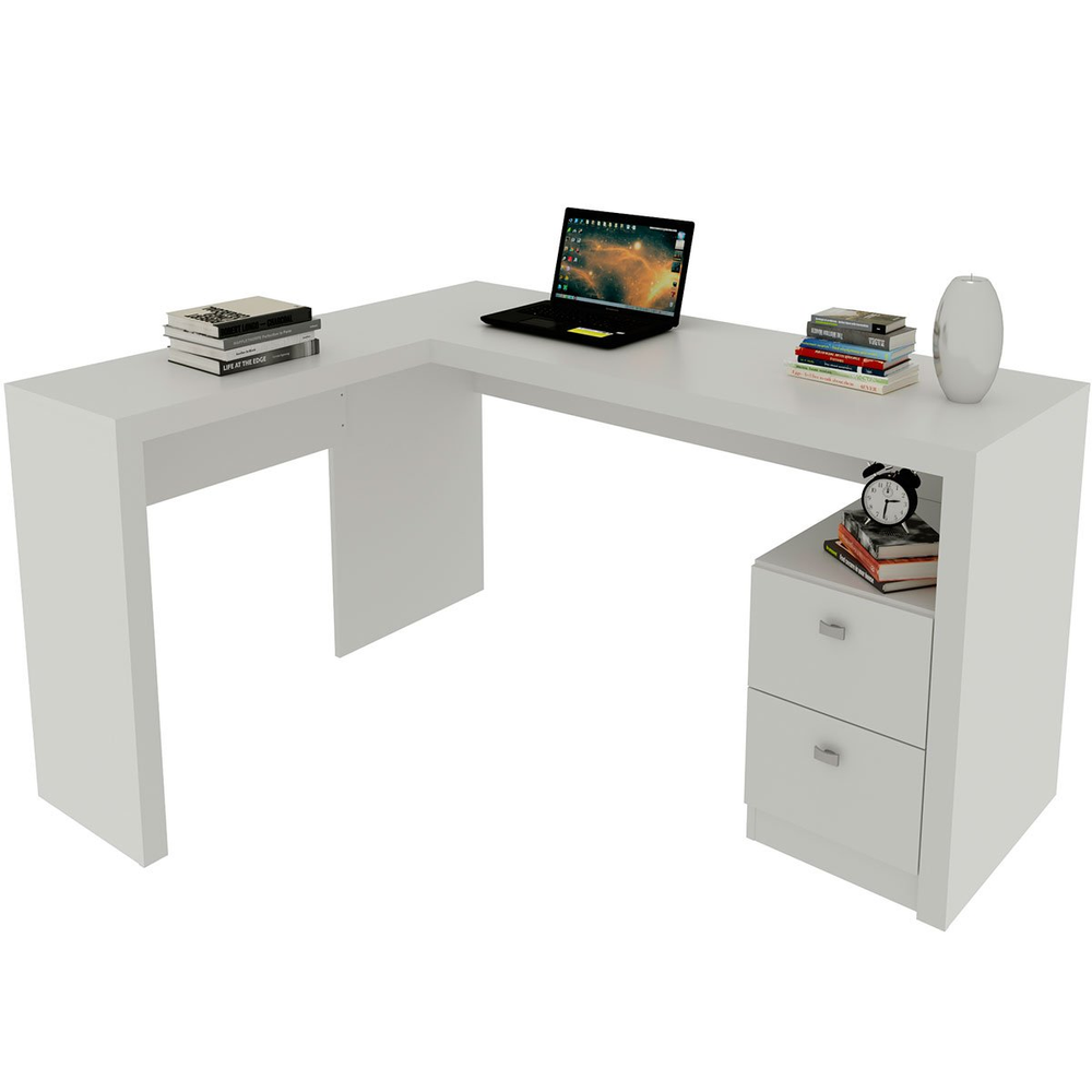 Mesa de Canto para Escritório em L Angular com 2 Gavetas Branco Mesa de Canto para Escritório em L Angular com 2 Gavetas Branco