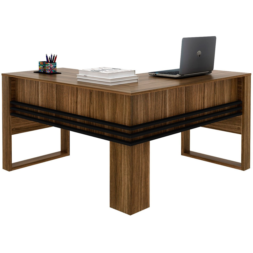 Mesa de Canto para Escritório em L Angular Detalhe Ripado Nogal/Preto Mesa de Canto para Escritório em L Angular Detalhe Ripado Nogal/Preto