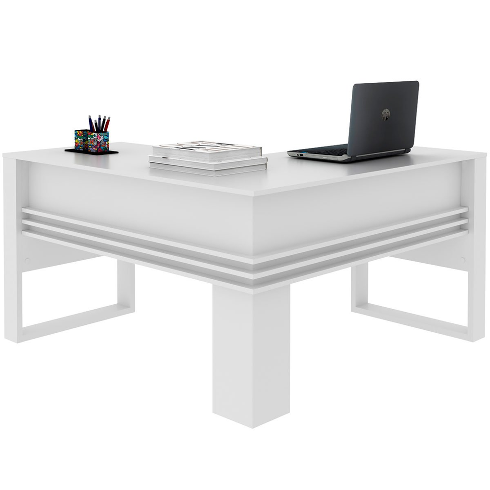 Mesa de Canto para Escritório em L Angular Detalhe Ripado Branco Mesa de Canto para Escritório em L Angular Detalhe Ripado Branco