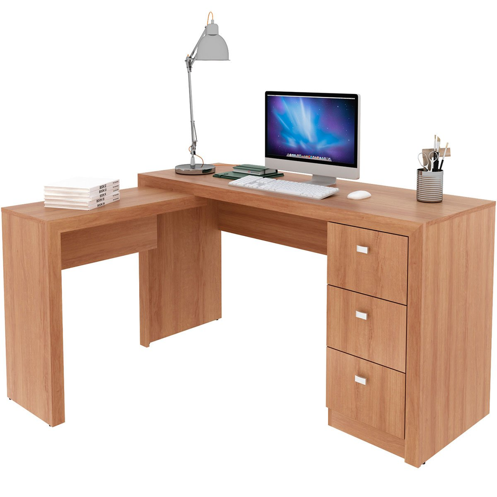 Mesa de Canto para Escritório em L Angular com 3 Gavetas Amêndoa Mesa de Canto para Escritório em L Angular com 3 Gavetas Amêndoa