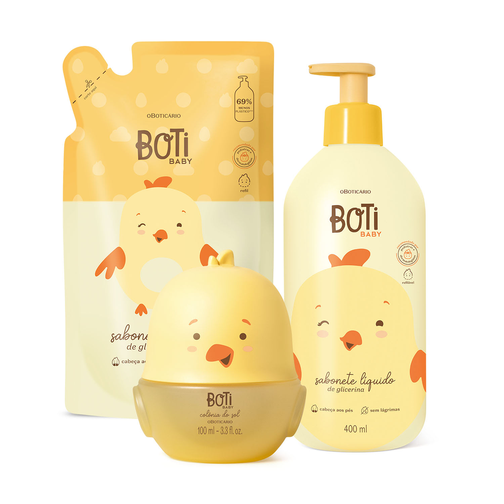 Combo Boti Baby: Sabonete Líquido de Glicerina 400ml + Refil Sabonete Líquido 350ml + Boti Baby Colônia do Sol 100ml Combo Boti Baby: Sabonete Líquido de Glicerina 400ml + Refil Sabonete Líquido 350ml + Boti Baby Colônia do Sol 100ml