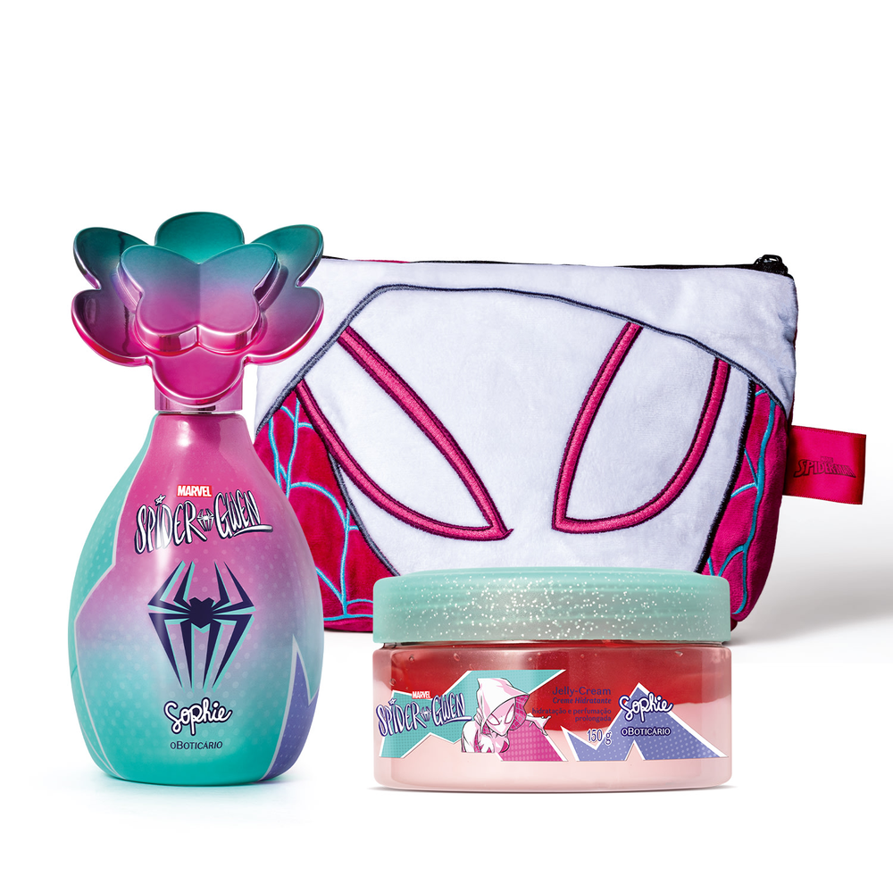 Combo Sophie Spider-Gwen: Colônia Infantil 100ml +Jelly Cream Creme Hidratante 150g+ Nécessaire Infantil Combo Sophie Spider-Gwen: Colônia Infantil 100ml +Jelly Cream Creme Hidratante 150g+ Nécessaire Infantil