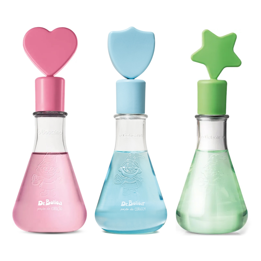 Combo Colônia Infantil Dr. Botica: Poção do Coração 120ml + Poção da Aventura 120ml + Poção da Coragem 120ml Combo Colônia Infantil Dr. Botica: Poção do Coração 120ml + Poção da Aventura 120ml + Poção da Coragem 120ml