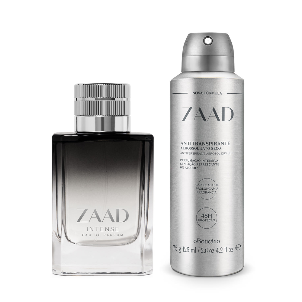Combo Zaad: Intense Eau De Parfum 95ml + Desodorante Antitranspirante Aerossol 75g/125ml Combo Zaad: Intense Eau De Parfum 95ml + Desodorante Antitranspirante Aerossol 75g/125ml