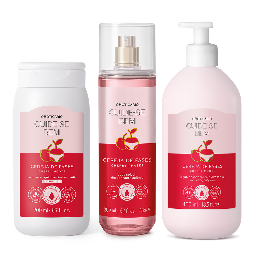 Combo Cuide-se Bem Cereja De Fases: Sabonete Líquido 2 em 1 200ml + Loção Corporal 400ml +Body Splash 200ml Combo Cuide-se Bem Cereja De Fases: Sabonete Líquido 2 em 1 200ml + Loção Corporal 400ml +Body Splash 200ml