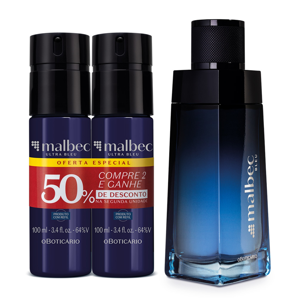 Combo Malbec Bleu: Desodorante Colônia 90ml + Kit Body Spray Combo Malbec Bleu: Desodorante Colônia 90ml + Kit Body Spray